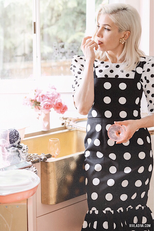 DIY Dress Polka dot dress. Easy ways to wear polka dots! 1950's fashion glamour standing next to gold kitchen farmhouse sink