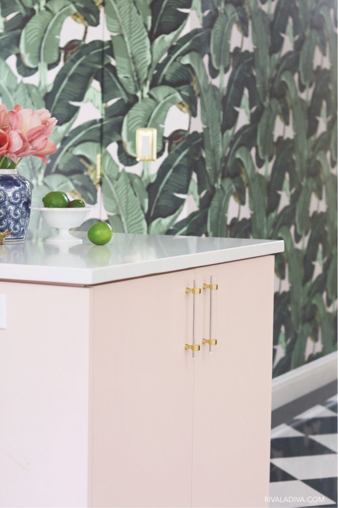 Beverly Hills Martinique wall inside a blush pink kithcne. Beverly Hills kitchen inspiration. 