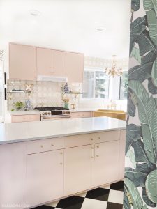 Blush Pink kitchen cabinets with white Carrara gold quartz from Teltos
