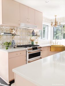 Blush Pink kitchen decor and GE Cafe 30 in. 7.0 cu. ft. Slide-In Double Oven Range in Matte White