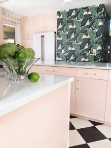 Beverly Hills inspired Palm Leaf kitchen with Blush pink caninets and Cafe 23.1 cu. ft. Smart French Door Refrigerator in Matte White