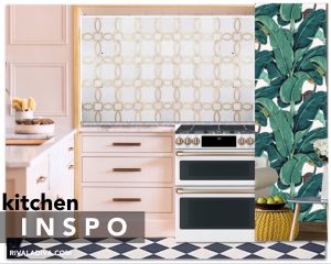 Blush Glam kitchen inspiration. Beverly Hills wallpaper. Checker floors. GE Cafe white gas range