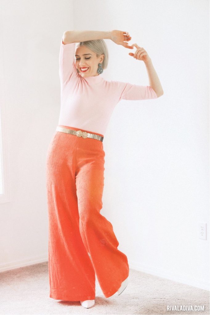 Spring Sewing, Wide Leg pants, pink mock turtleneck